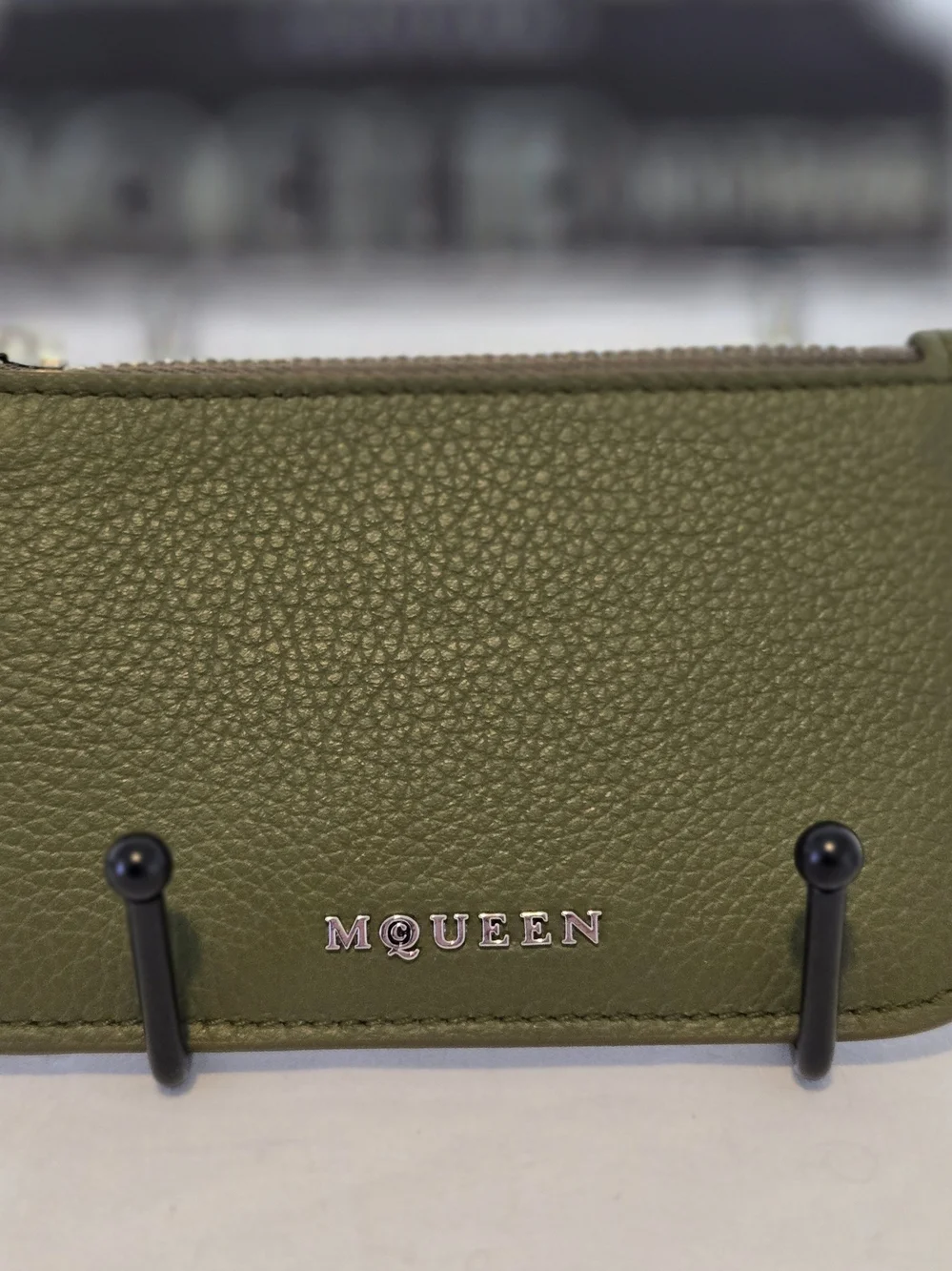 NWT Alexander McQueen Army Green Pebbled Leather Sling Card Holder Wallet
